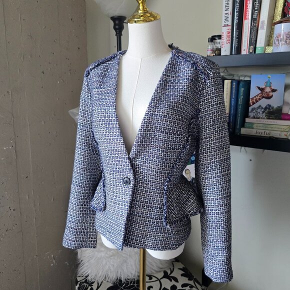 Banana Republic Blue & White Tweed Fringe Trim Single Button Blazer Jacket NWT - Picture 6 of 14